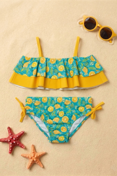 Minipodyum Girl's Bikini Set with Straps and Lemon Pattern, with Sanitary Pads