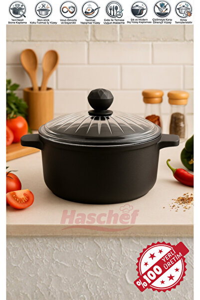 HASCHEF Kristal Döküm Yapışmaz Titanyum Kaplama Derin Tencere 24 Cm