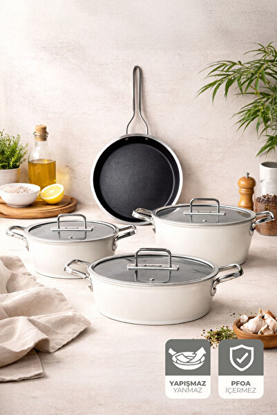 Kitchen Life طقم أواني طهي من التيتانيوم من جيجيلي بيليني مكون من 7 قطع كريمي...