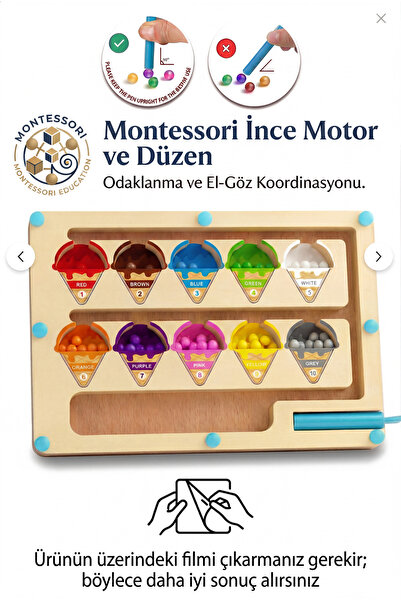 Montessori Manyetik Ahşap Dondurma Labirenti 3+Yaş Okul Öncesi Renk Düzeni ve İnce Motor Geliştirici