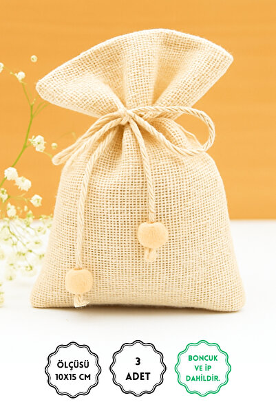 Bimotif 3 adet Natürel Kese, Büküm Ipli Boncuklu 10x15 Cm (Bağcıklı Saklama K...