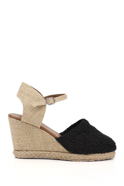 GÖNDERİ(R) Women's Black Straw Knitting Set of Wedge Heel Sandals
