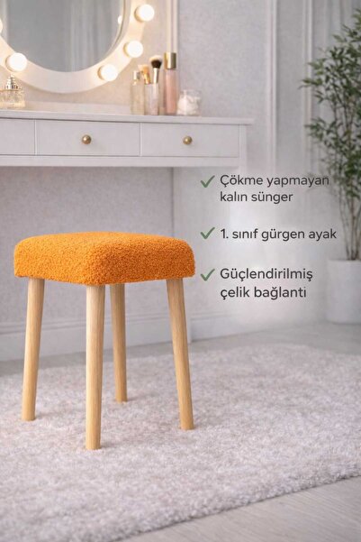 Yuems home Kare Model Teddy Kumaş Turuncu Renkli Puf Tabure