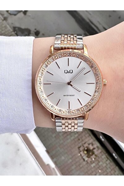Q&Q Kadın Gold Gümüş Çift Renkli Rolex Tasarım Kordon Yuvarlak Taş Kabartma Detaylı Kol Saati