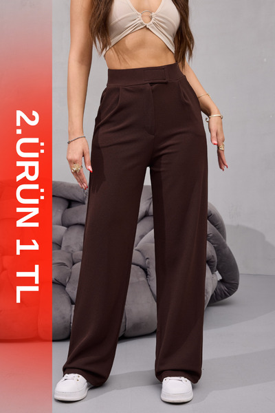 BİKELİFE بنطلون نسائي عالي الخصر من الليكرا بسحاب واسع الساقين من نوع بالازو