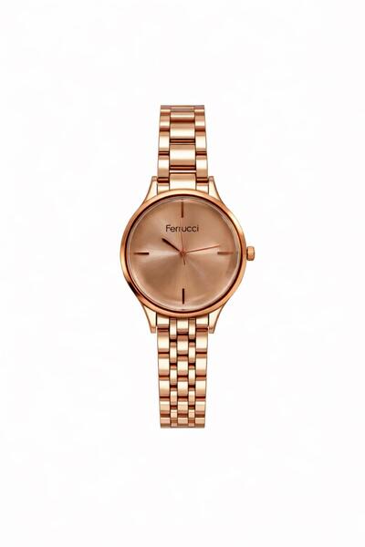 Ferrucci ساعة يد نسائية بسوار معدني ذهبي وردي ومينا ذهبي وردي مع ضمان لمدة عامين