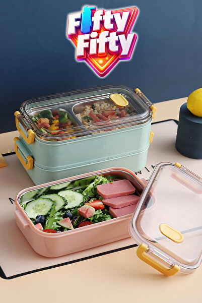 Vagonlife 1400 ML İki Kat Üç Bölme Paslanmaz Çelik Lunch Box Yeni Nesil Sefer Tası Taşıma Kulplu 363-7ff