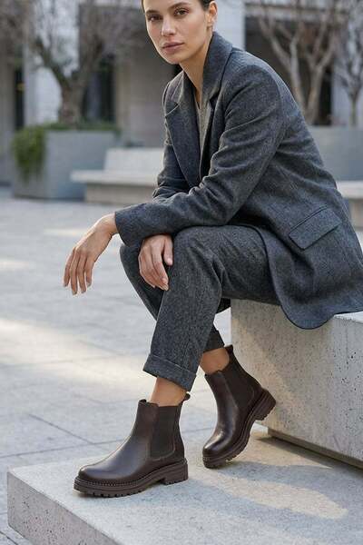 Stilbagshoes Rosalinda Women's Boots Coffee with Rubber Side Detail