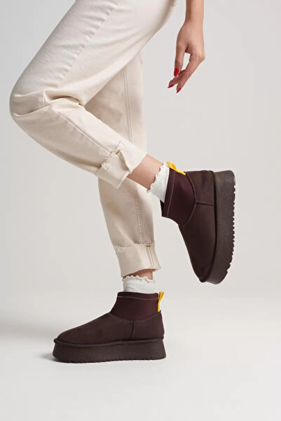 TRENDELLA Cizme de iarnă cu talpă groasă, maro amar, pentru femei, cu blană î...