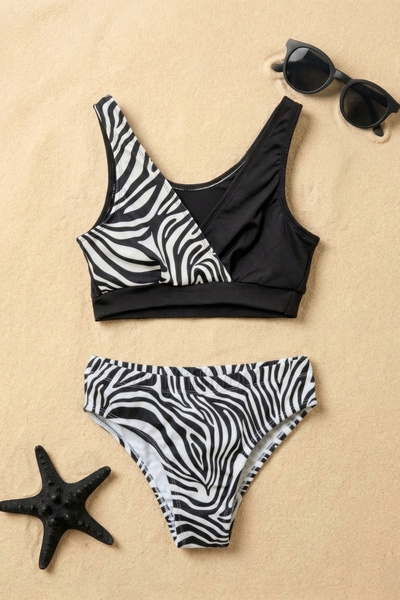 Minipodyum طقم بيكيني منقوش باللونين الأسود والأبيض للفتيات