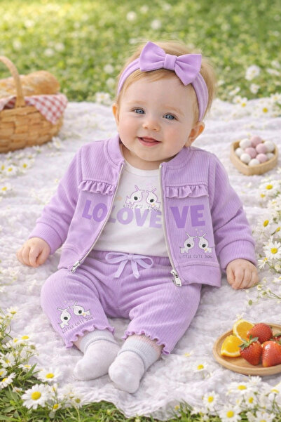 KANGOROO Kız Bebek 3lü Takım, Mor Renk-Baskılı Fırfırlı Fermuarlı Ceket,Uzun ...