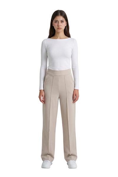 MODASPARK Beige High Waist Women's Palazzo Trousers with Pockets