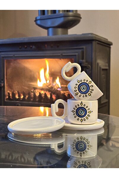 Store El Yapımı Seramik 2 Kişilik Nazar Boncuğu Kahve Fincanı