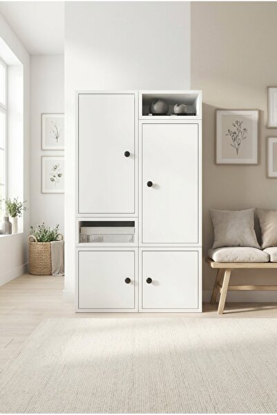 FOR WOMAN DESİGN Ahşap Kitaplık Dolap 4 Kapaklı Modern Minimal Fonksiyonel De...