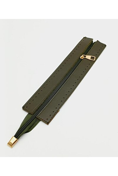 angel çanta aksesuar Haki Renk 28 Cm Derili Fermuar Light Gold Metalli