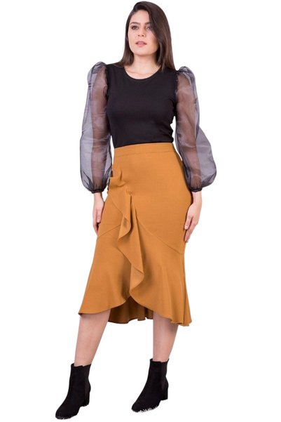 Apsen Collection Apsen Kadın Hardal Mevsimlik Volanlı Midi Boy Krep Etek 2123-80