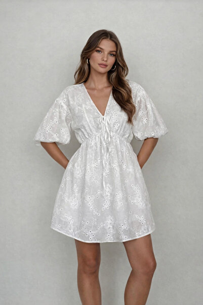 İLKCET MODA Brode Detail Fisto Balloon Sleeve Women's Dress