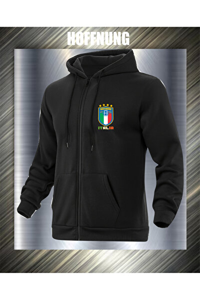 HOFFNUNG unisex Fermuarlı ITALIA LOGO Desenli Oversize kapşonlu SWEATSHIRT