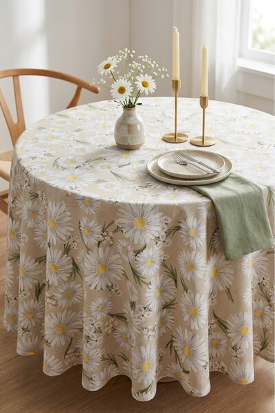 Rona Home Față de masă rotundă elegantă cu model de margarete - țesătură de c...