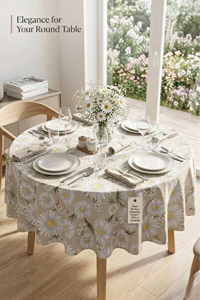 Rona Home Față de masă rotundă elegantă cu model de margarete - țesătură de c...