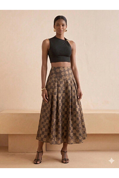 Lijuri Yüksek Bel Kahve Gold Kareli Desenli Pileli Midi Etek 4084