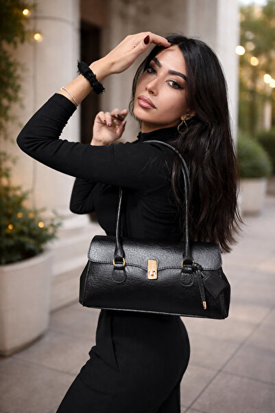 Melos Butik Γυναικεία δερμάτινη τσάντα χεριού και ώμου με μαύρη κλειδαριά μπα...