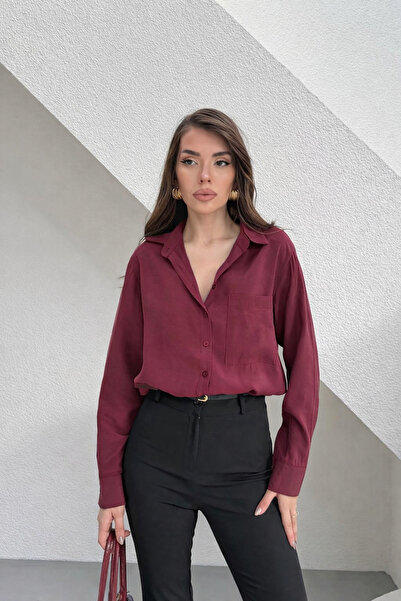 İLKCET MODA Modal Fabric Burgundy Oversize Women's Shirt