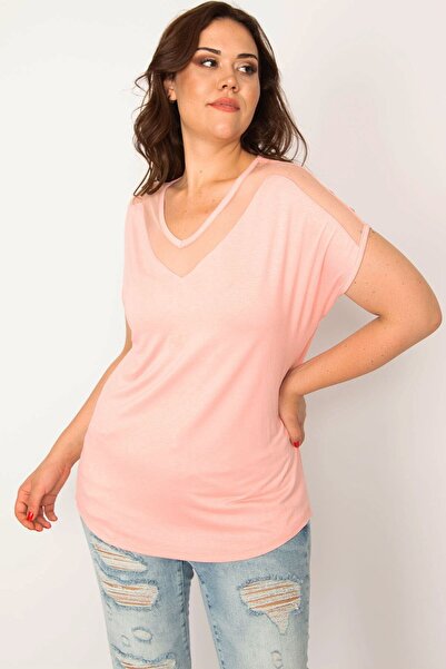 Şans Damenbluse in Übergröße, Lachsfarben, mit Tülldetails am Ausschnitt und ...