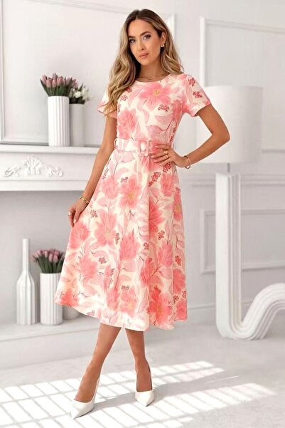 FashionForYou Νάγιλα Φόρεμα Ημέρας με Πιέτες και Φλοράλ Σχέδιο, Κόκκινο, Μέγε...