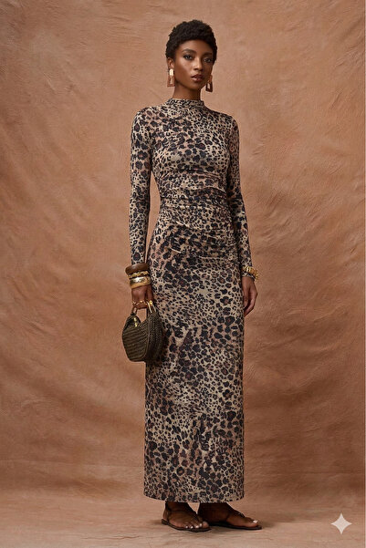 Lijuri imprimeu leopard Rochie lungă din catifea 2989