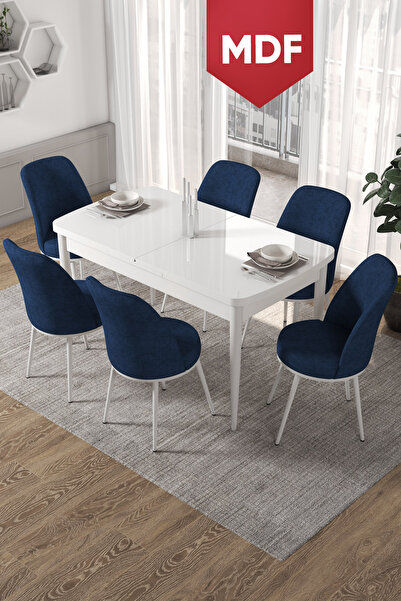 Canisa Kor Serisi, Beyaz Açılabilir 70x114 MDF Yemek Masa Takımı 6 Lacivert S...
