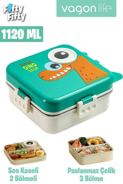 Vagonlife Lunch Box 1120 ML Sızdırmaz Karışmaz Üç Bölmeli Sos Kaseli Yeni Nes...