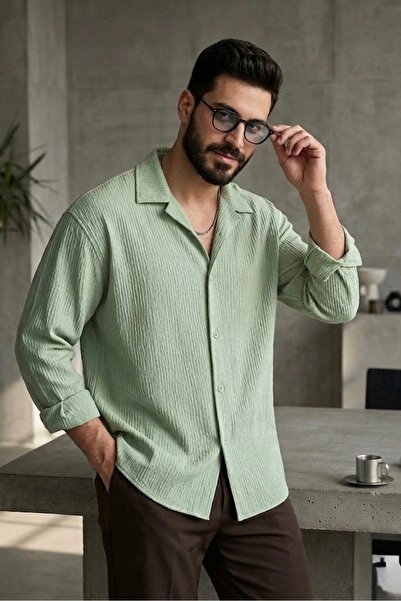 bb butik basic Ütü istemez Bürümcük oversize kalıp gömlek SU YEŞİLİ
