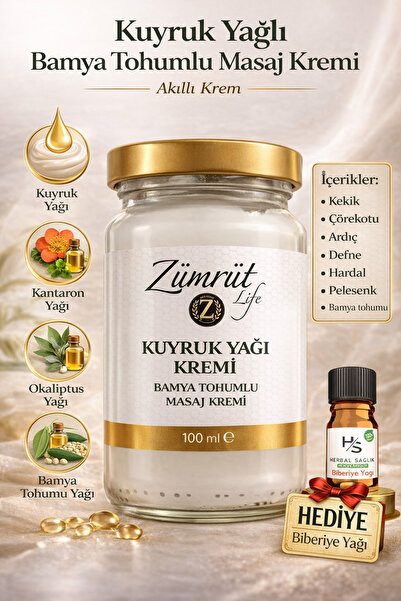 zümrüt life Kuyruk Yağı Kremi Bamya Tohumlu Masaj ve Bakım Kremi 100 ml + Hed...