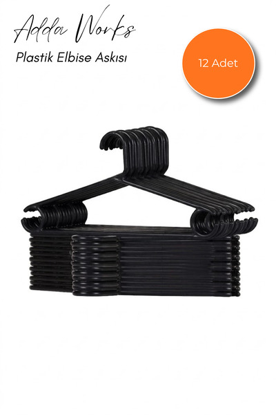 Adda Works Plastik Siyah Elbise Askısı 12’li Set – Dayanıklı, İnce Tasarım As...