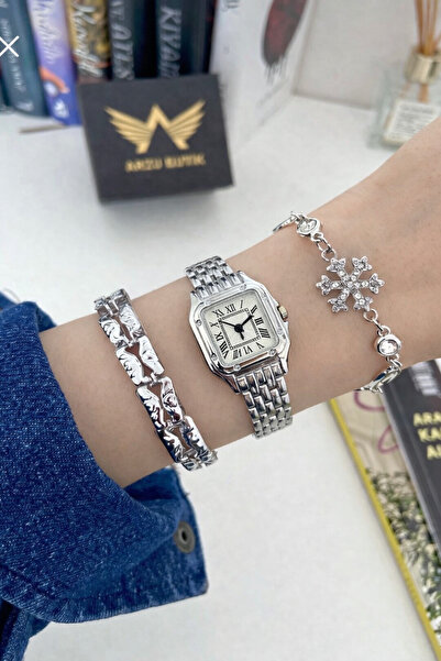 Arzu Butik Kadın Kol Saati Minimal Kare Metal Kordon Gümüş Renk & Yanındaki B...