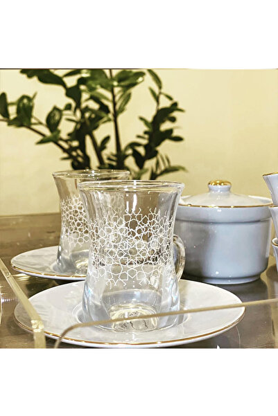 Eslim طقم فناجين شاي زجاجية منقوش بأوراق الشجر مكون من 18 قطعة مع مرآة