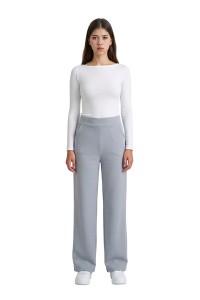 MODASPARK Γκρι ψηλόμεσο γυναικείο παντελόνι Palazzo από Lycra με ίσια γραμμή ...