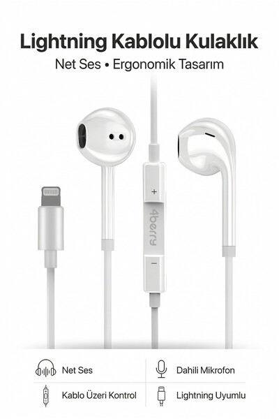 4 Berry PS02 Lightning Kablolu Kulak İçi Kulaklık Mikrofonlu Ses Kontrollü iO...