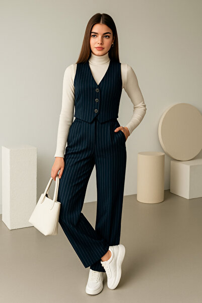 semela Pantaloni Palazzo bleumarin Crop scurt cu vestă Costum dublu cu dungi