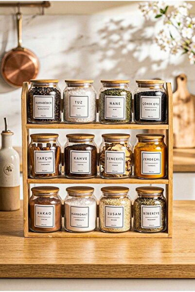 Fhilli Prime - 3 Katlı 19 Parça Saklama Kabı Organizer Bambu Standlı Baharatl...