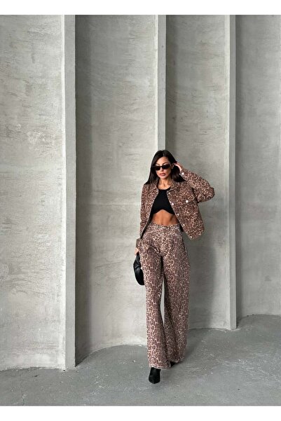 HerTon Kadın Leopar Desenli %100 Pamuk Denim Ceket - Jean Ceket Crop Kesim Je...