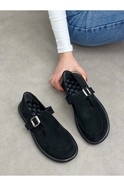 ERVANIN BUTİĞİ Siyah Süet (Olivia) Toka Detaylı Kadın Loafer