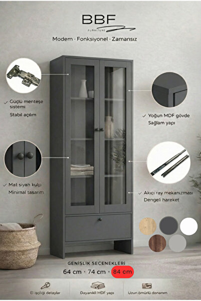 BBF Furniture 84 cm Cam Kapaklı Vitrin ve Kitaplık – 5 Raflı, Çekmeceli, Çok ...