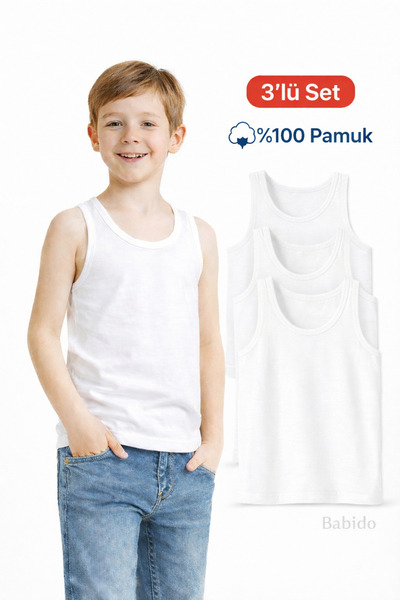 BABİDO "Boys' 100% Cotton White Undershirt – Ages 2-12" Pack of 3 Pieces