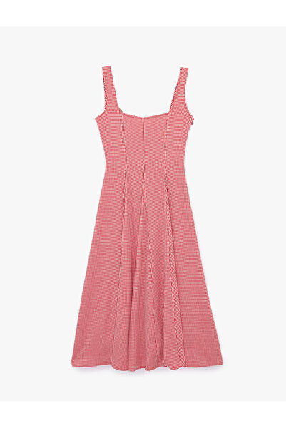 Koton Kare Yaka Kolsuz Viskon Karışımlı Gofre Kumaş Uzun Pötikareli Elbise