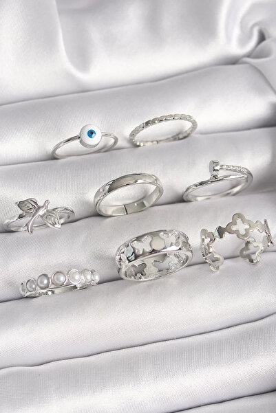 Skygo مجموعة خواتم نسائية مطرزة باللون الفضي والنحاسي بتفاصيل خرز عين الشر وم...