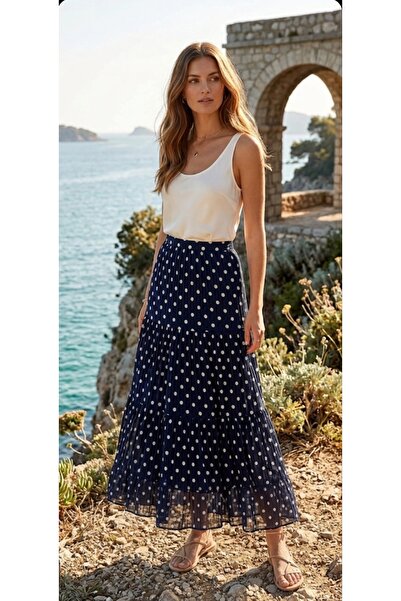 Dagü Design Women's Modest Wear Layered Ruffled Polka Dot Chiffon Skirt Navy ...
