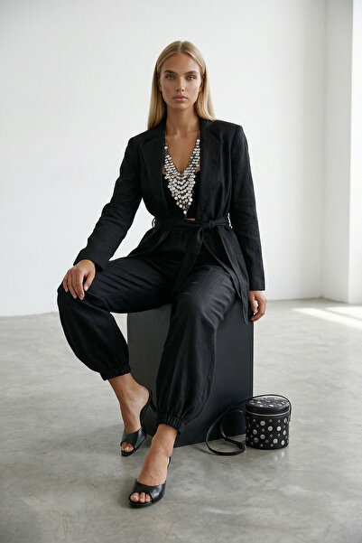 Trend Alaçatı Stili Siyah Keten Paçası Lastikli Jogger Pantolon Ve Kendinden ...