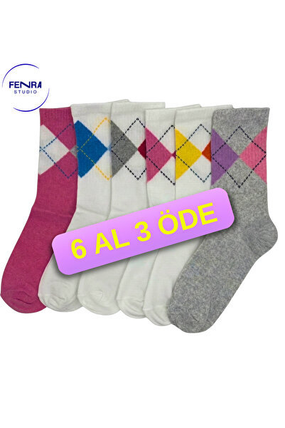 FENRA STUDIO Women's 6-Pack Diamond Patterned Classic Socks White Pink Gray